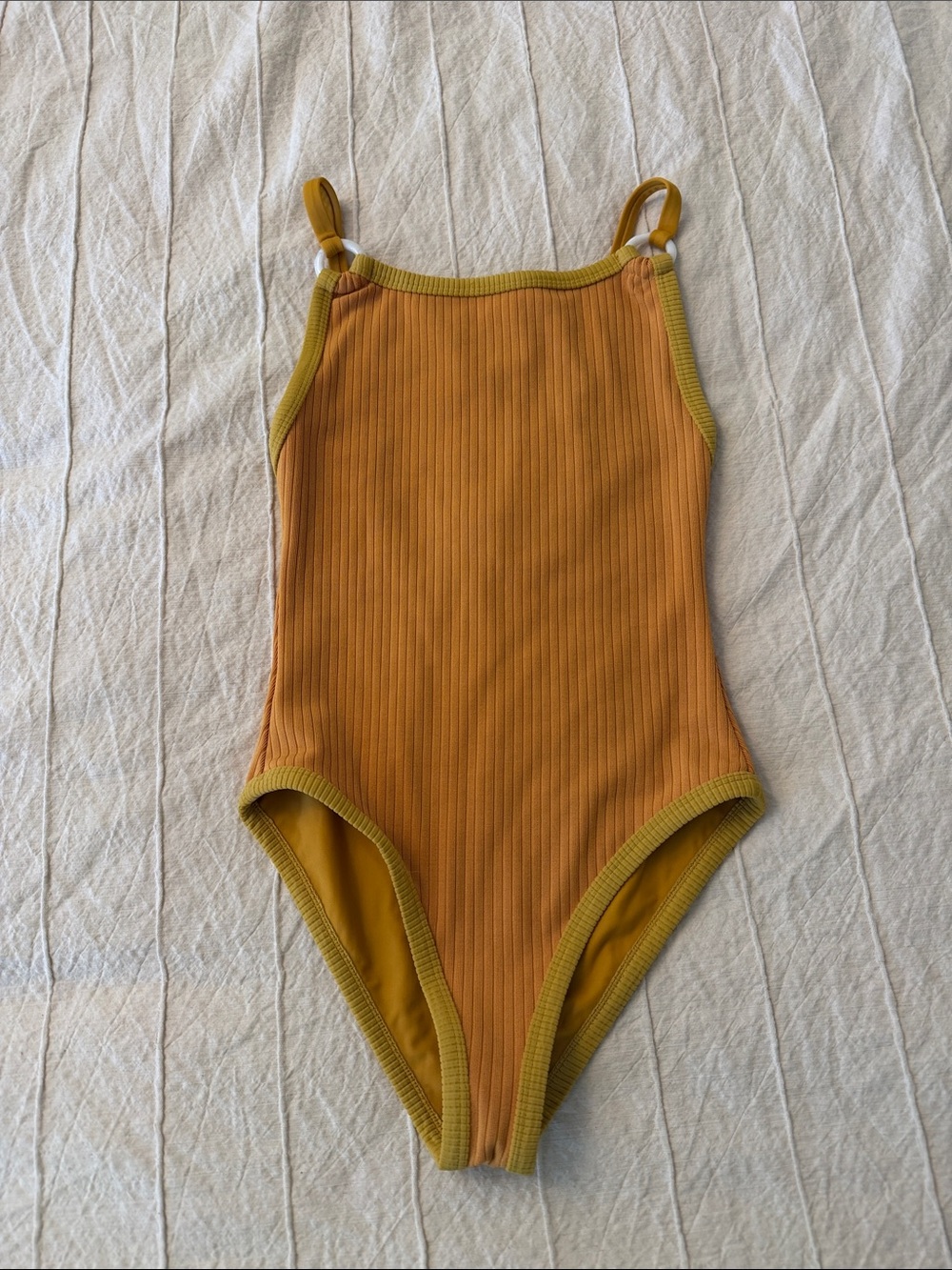 House of Harlow 1960 Ribbed One-Piece Swimsuit in Mustard and Olive Trim